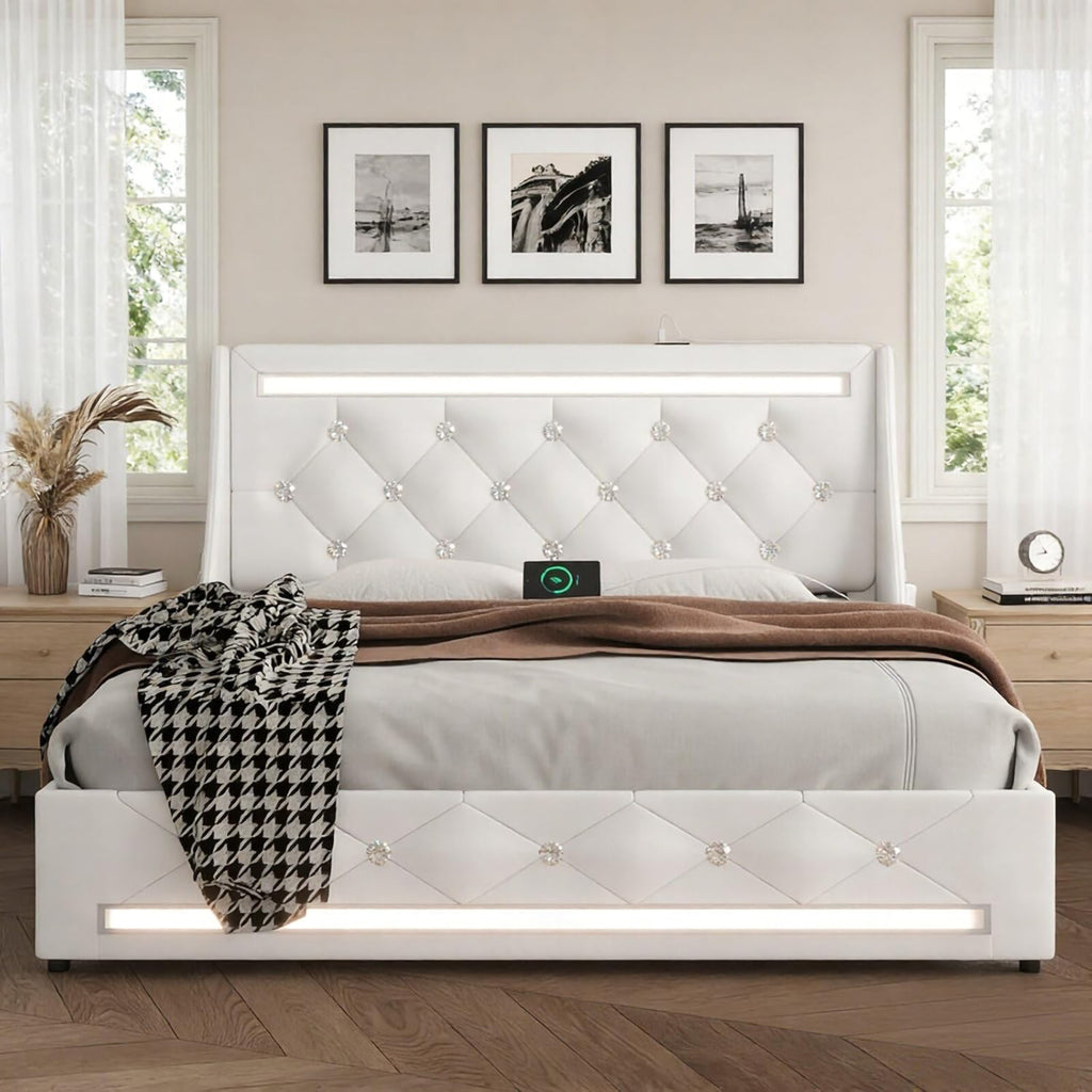 Queen Size Bed Frame with Wingback Upholstered Diamond Headboard and 2 Storage Drawers, LED Lights and Charging Station, Metal Slats Support, Noise-Free, Easy Assembly, No Box Spring Needed, White
