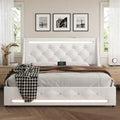 Queen Size Bed Frame with Wingback Upholstered Diamond Headboard and 2 Storage Drawers, LED Lights and Charging Station, Metal Slats Support, Noise-Free, Easy Assembly, No Box Spring Needed, White