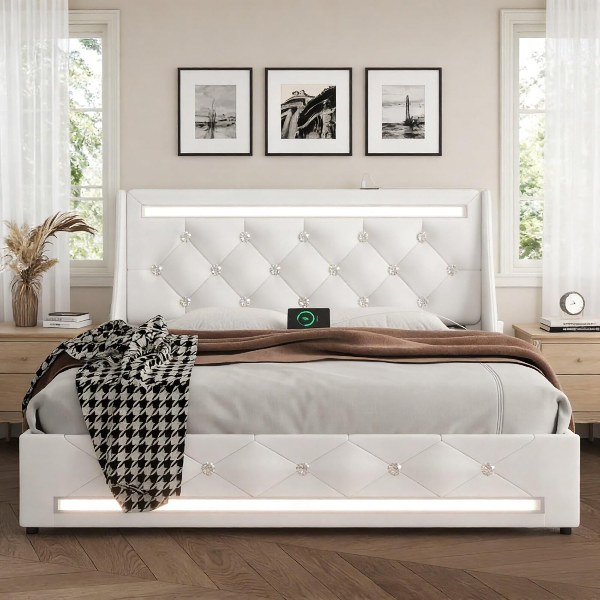 Queen Size Bed Frame with Wingback Upholstered Diamond Headboard and 2 Storage Drawers, LED Lights and Charging Station, Metal Slats Support, Noise-Free, Easy Assembly, No Box Spring Needed, White
