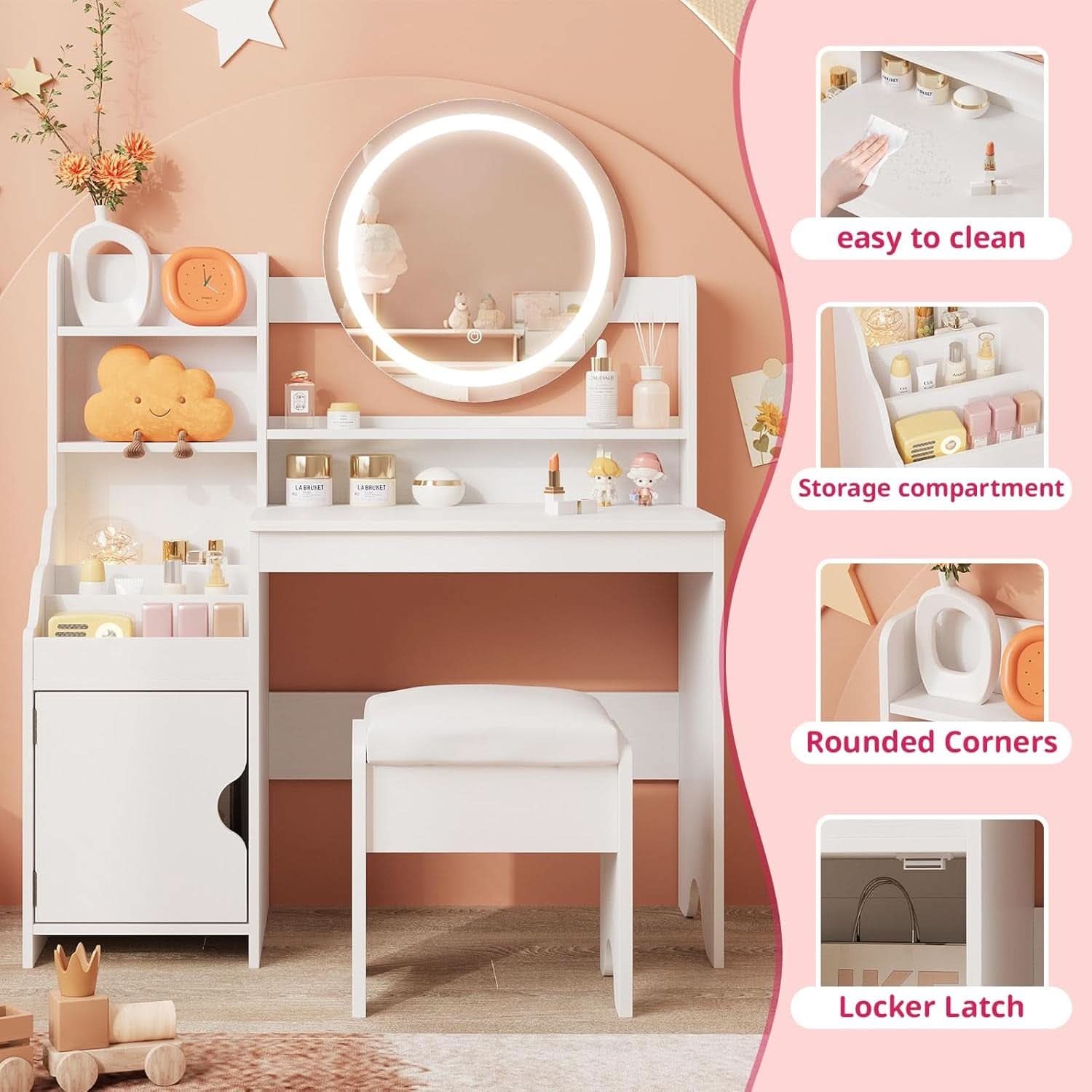 Kids Vanity Table Illuminated Ambient LED Lighting White-3