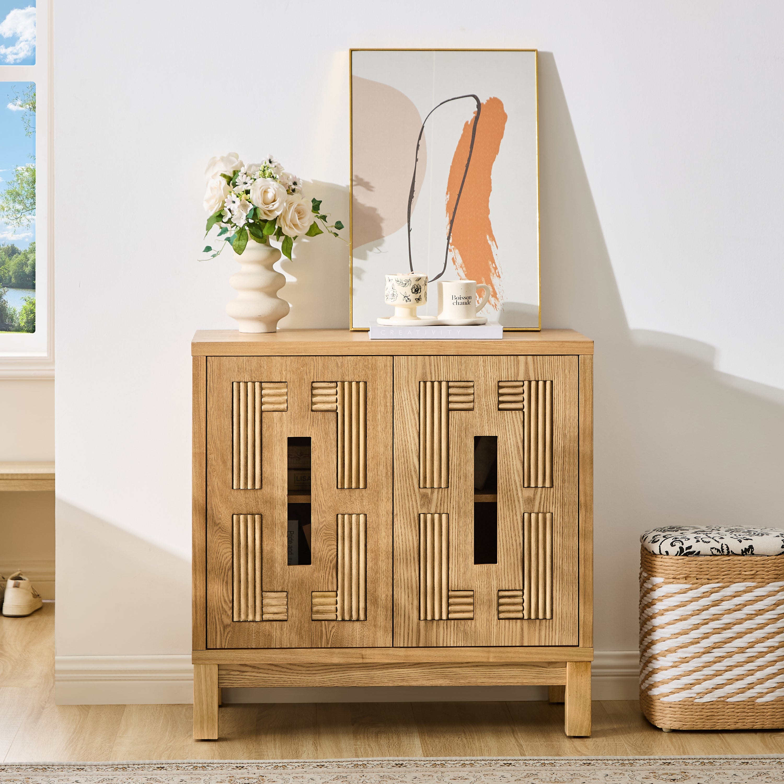 31.5' Mid Century Modern Sideboard Buffet Cabinet with Storage, Carved Openwork Design Display Cabinets, Storage Cabinet with 2 Doors & Adjustable Shelf for Kitchen Dining Living Room Entryway Hallway