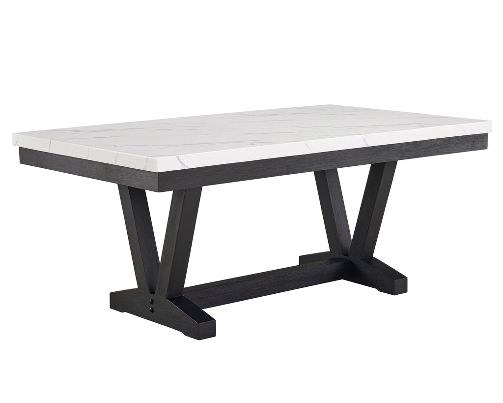 1pc Transitional Modern Formal Dining Table White Faux Marble Rectangular Table Top Trestle Base Black Finish Legs Wooden Dining Room Furniture