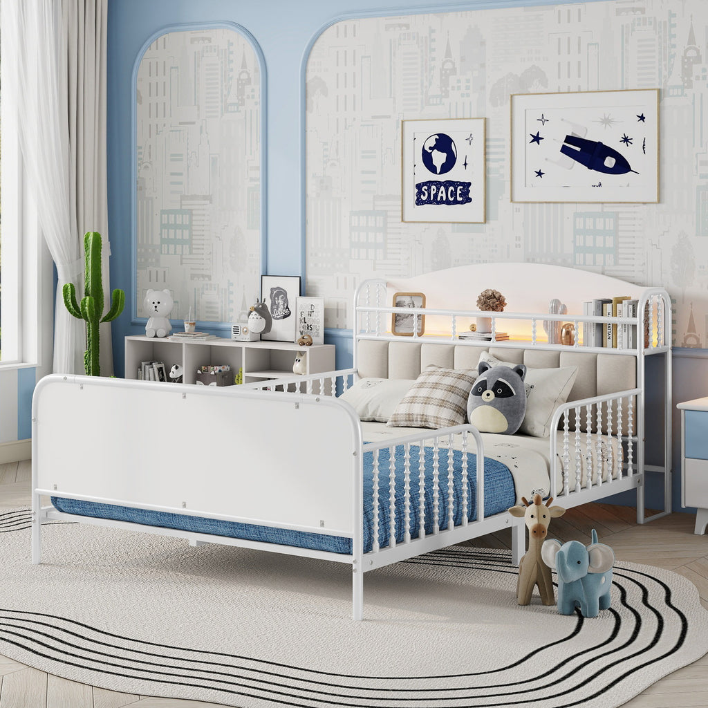 Full Size Metal Platform Bed Frame with Light, Kids Full Metal Bed with Upholstered and Storage Headboard, White (Expect Arrival Date 2025/10/5)
