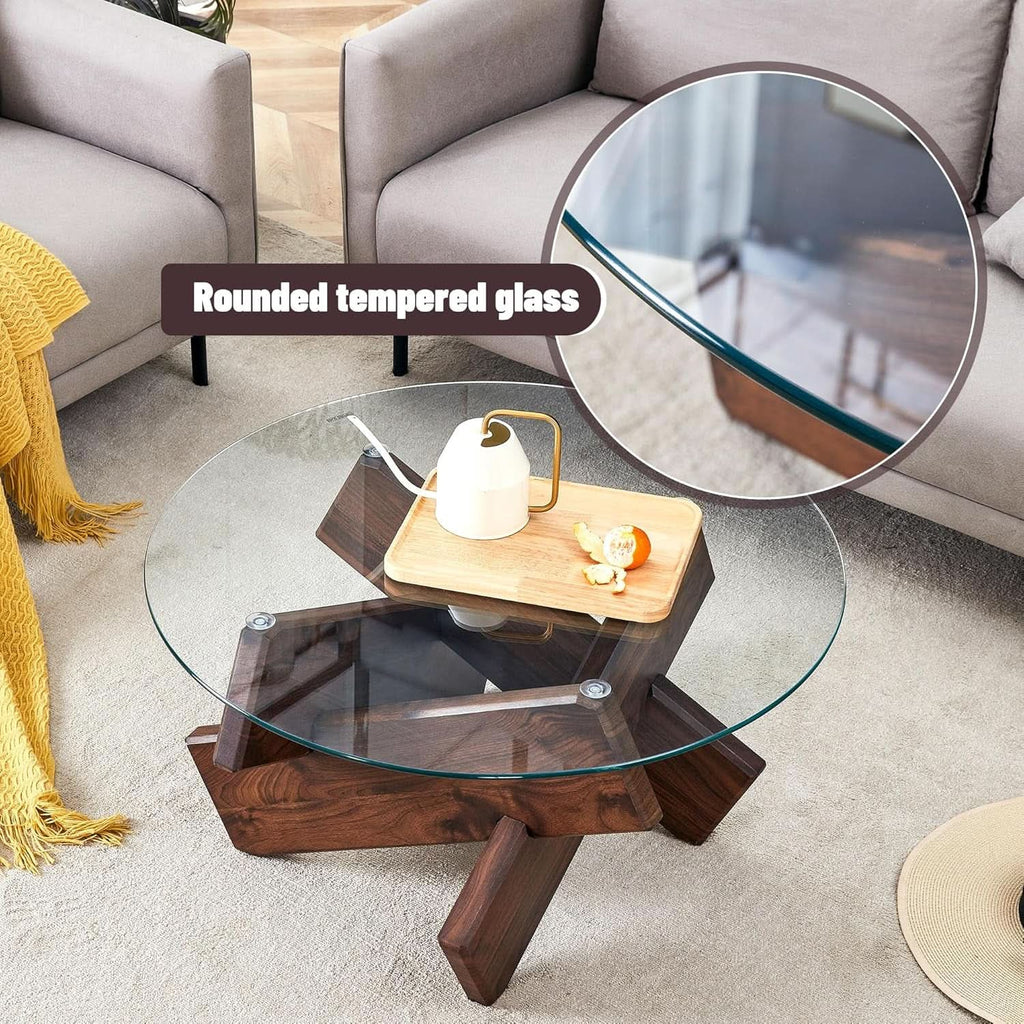 Walnut Round Glass Tempered Coffee Table 33.4I nches