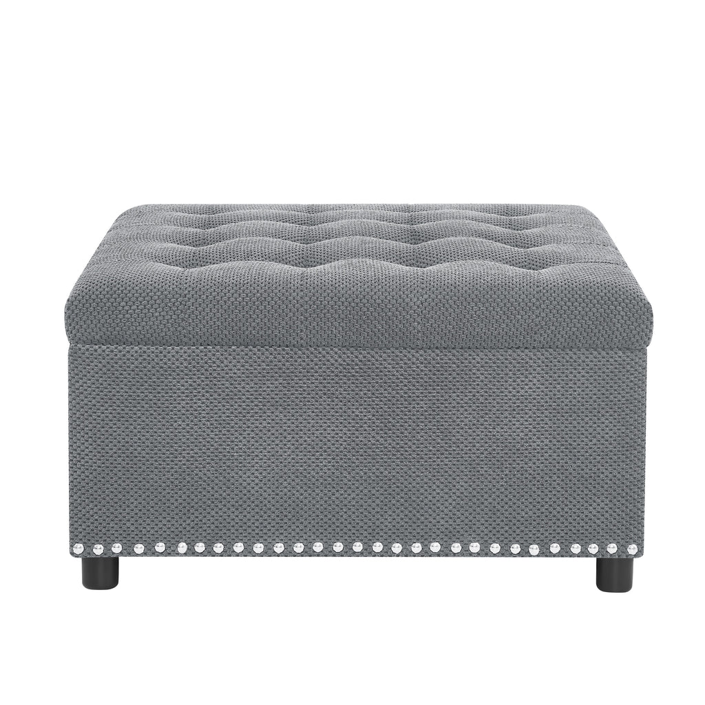 Tufted Storage Ottoman with Nailhead Trim, Square Upholstered Footstool, Fabric and Wood Coffee Table for Living Room, Bedroom, Small Space Furniture