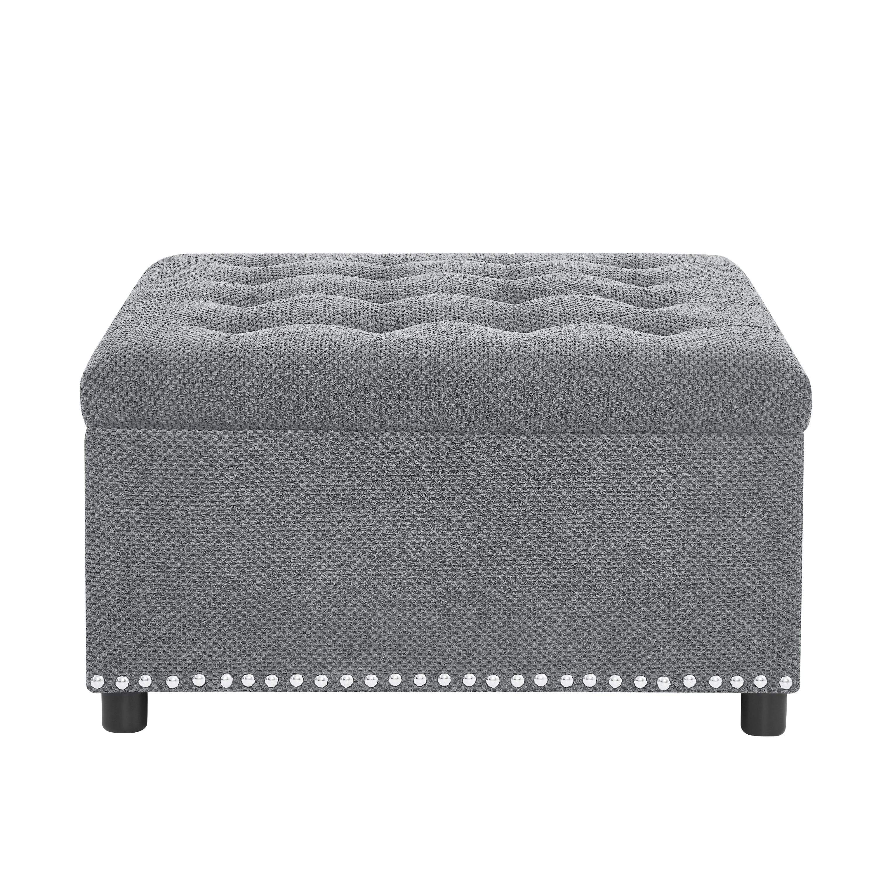 Tufted Storage Ottoman with Nailhead Trim, Square Upholstered Footstool, Fabric and Wood Coffee Table for Living Room, Bedroom, Small Space Furniture