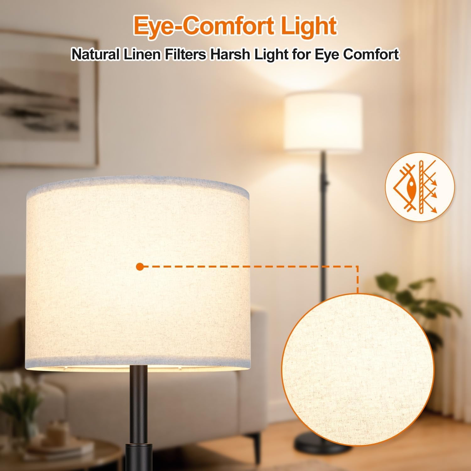 Black Dimmable Tall Floor Lamp 1000Lumens Linen Shade