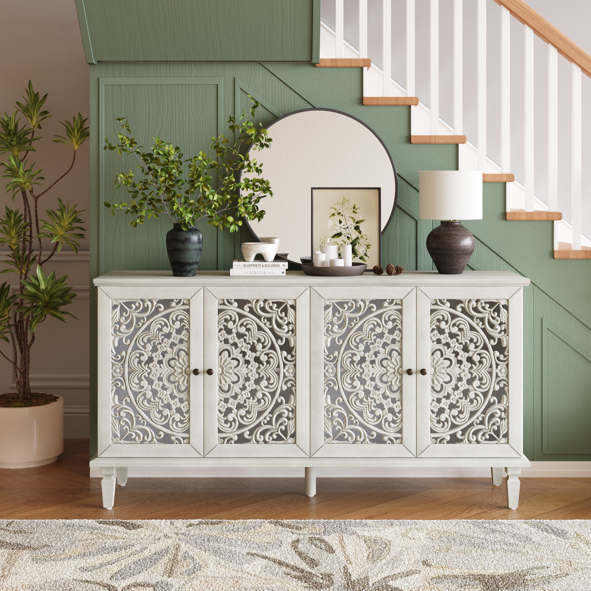 Antique Buffet Cabinet with Floral Carvings