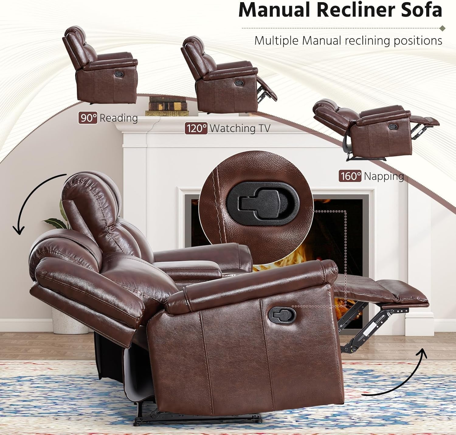 Genuine Leather Manual Overstuffed Loveseat Recliner Brown-3