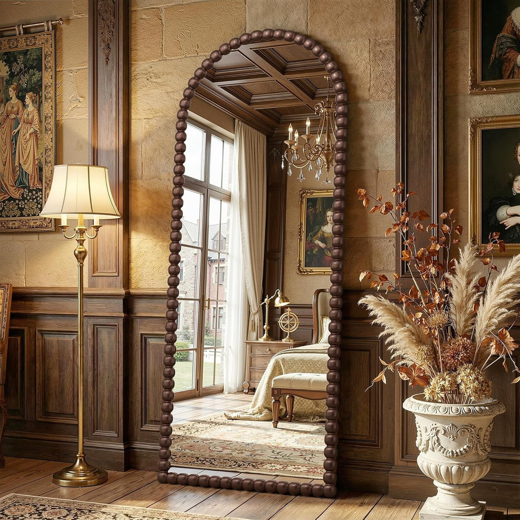 71 Inch Elaborately Arched Floor Mirror Beaded Brown-0