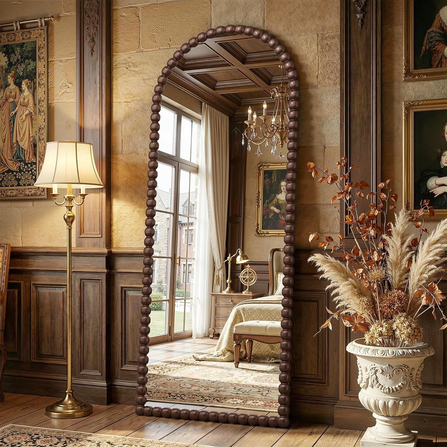 71 Inch Elaborately Arched Floor Mirror Beaded Brown-0