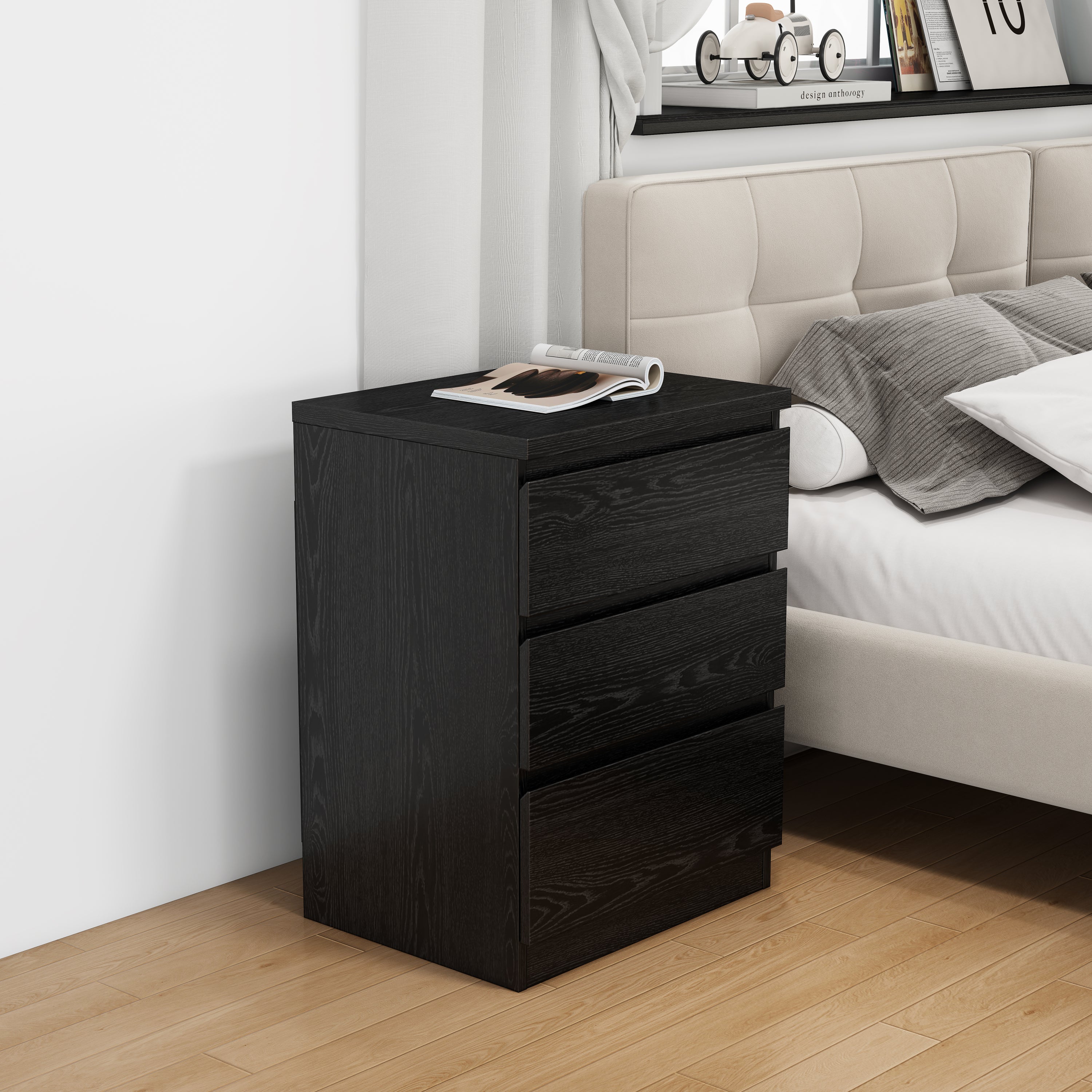 19.7-Inch Black Nightstand with 3 Drawers, Beside Table with Drawers Handle Free Design,Thickened Top Plate,Small Side Table Storage Cabinet 3 Drawer Night Stand for Bedroom,Living Room