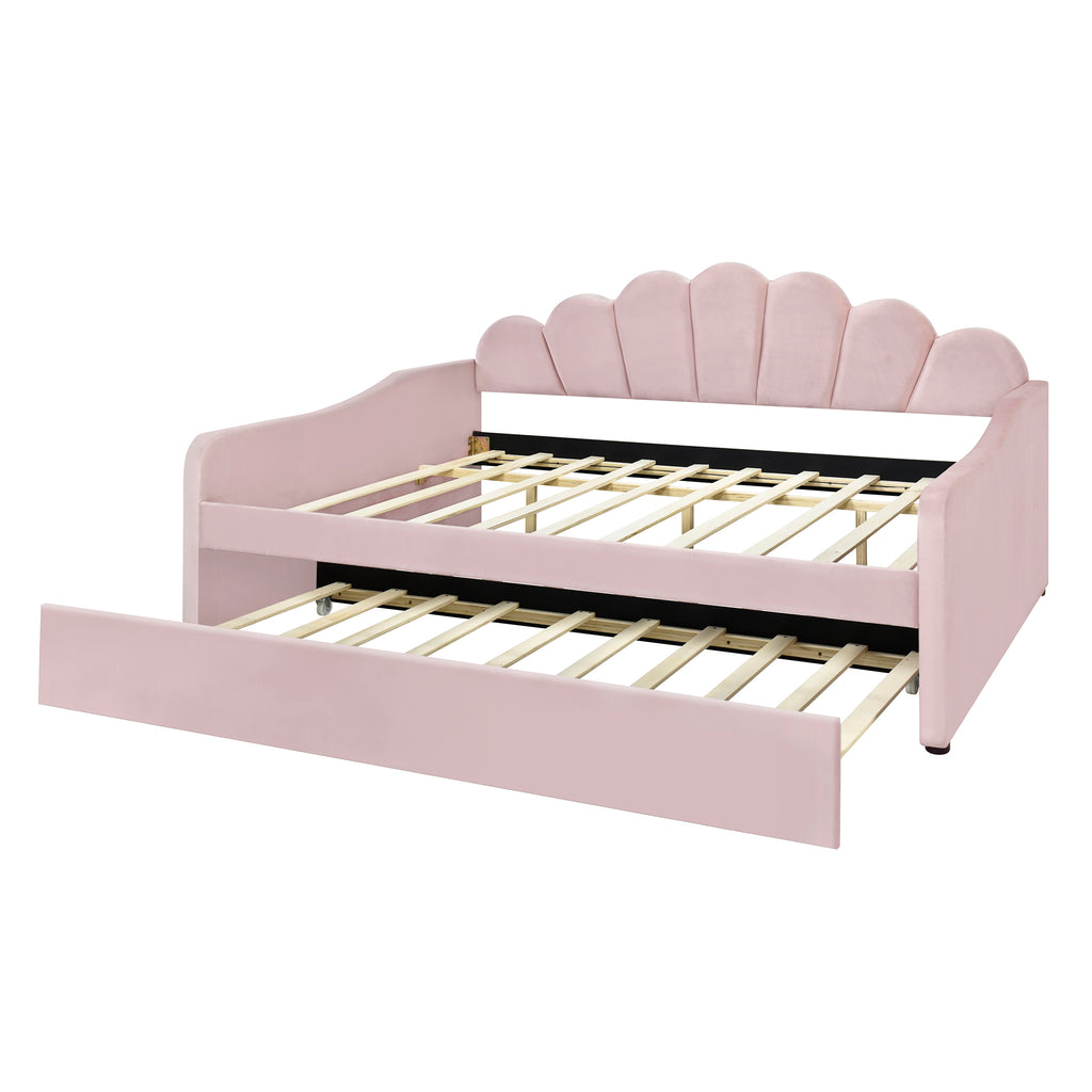 Full Size Upholstery Daybed Frame with Shell Shaped Backrest and Trundle in Pink Velvet Fabric