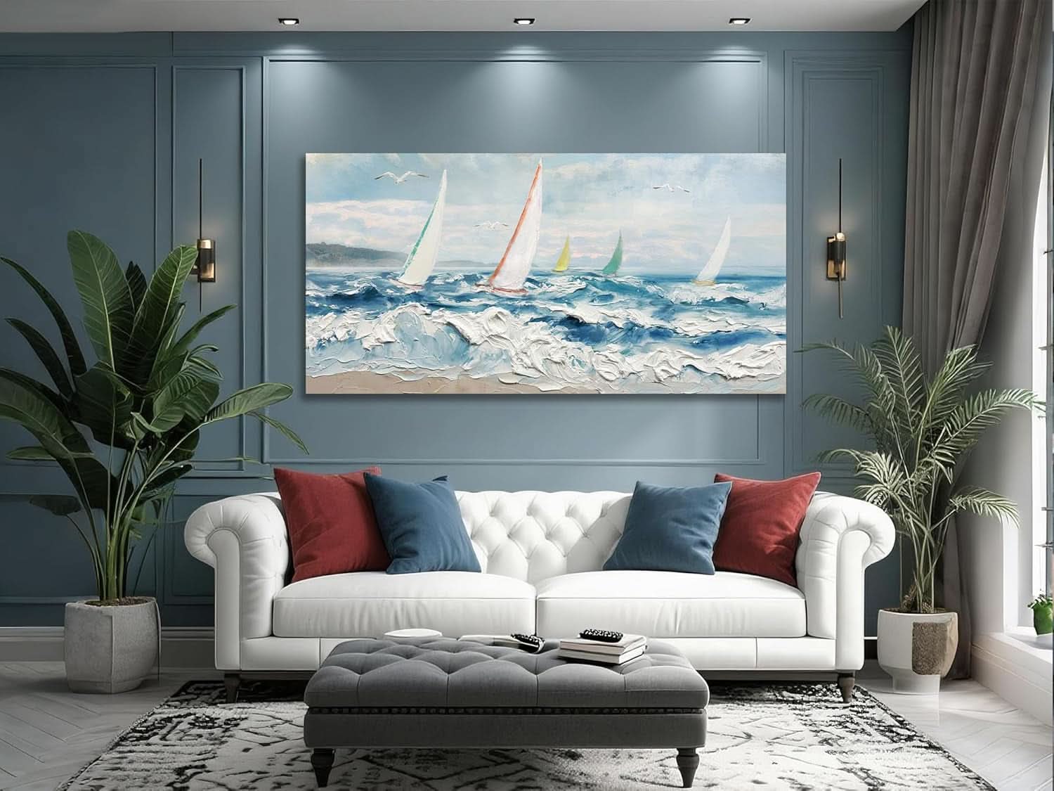 Large Blue 40x20 Inch 3D Textured Ocean Wave Canvas Art-4
