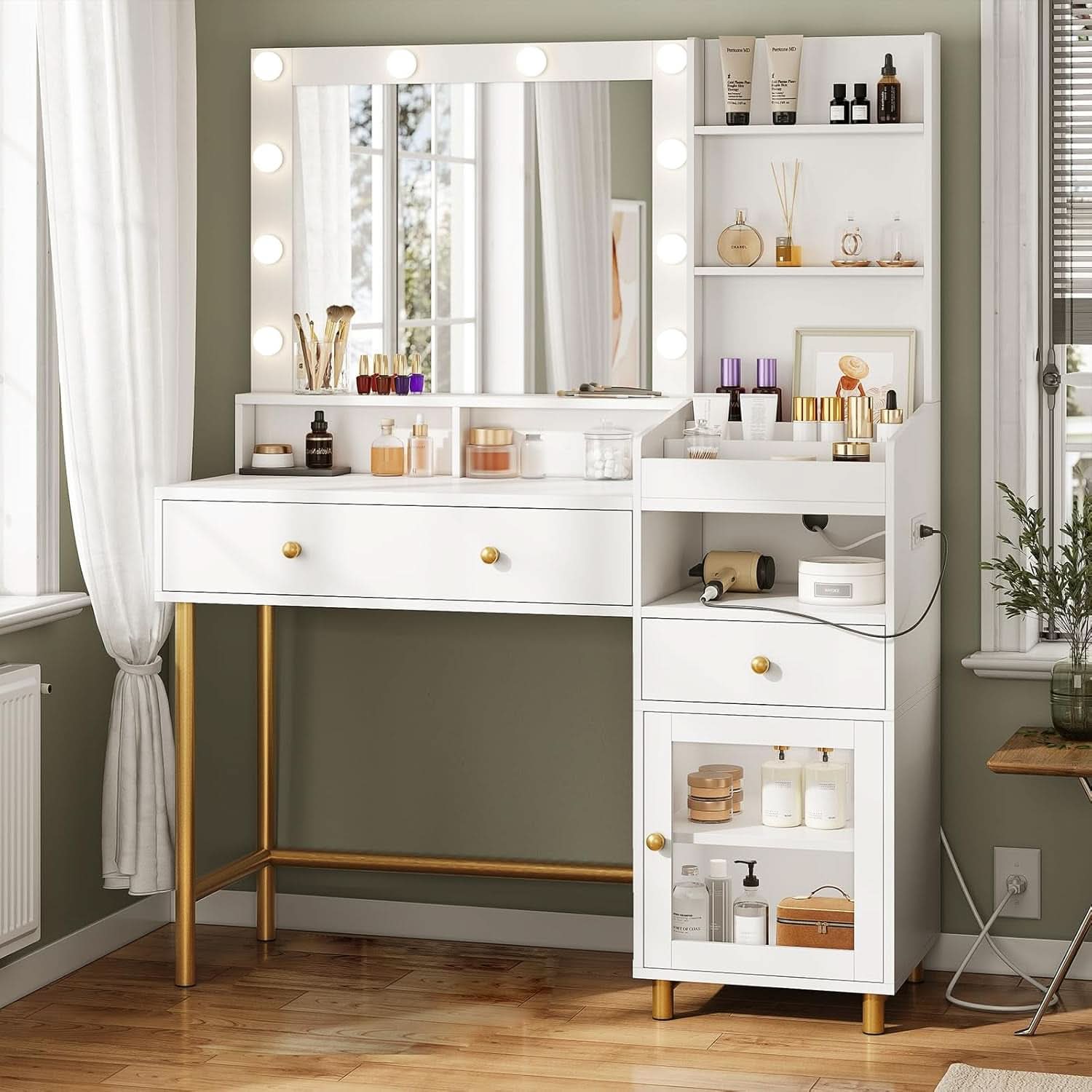 White Makeup Vanity Desk With Integrated Illumination-0
