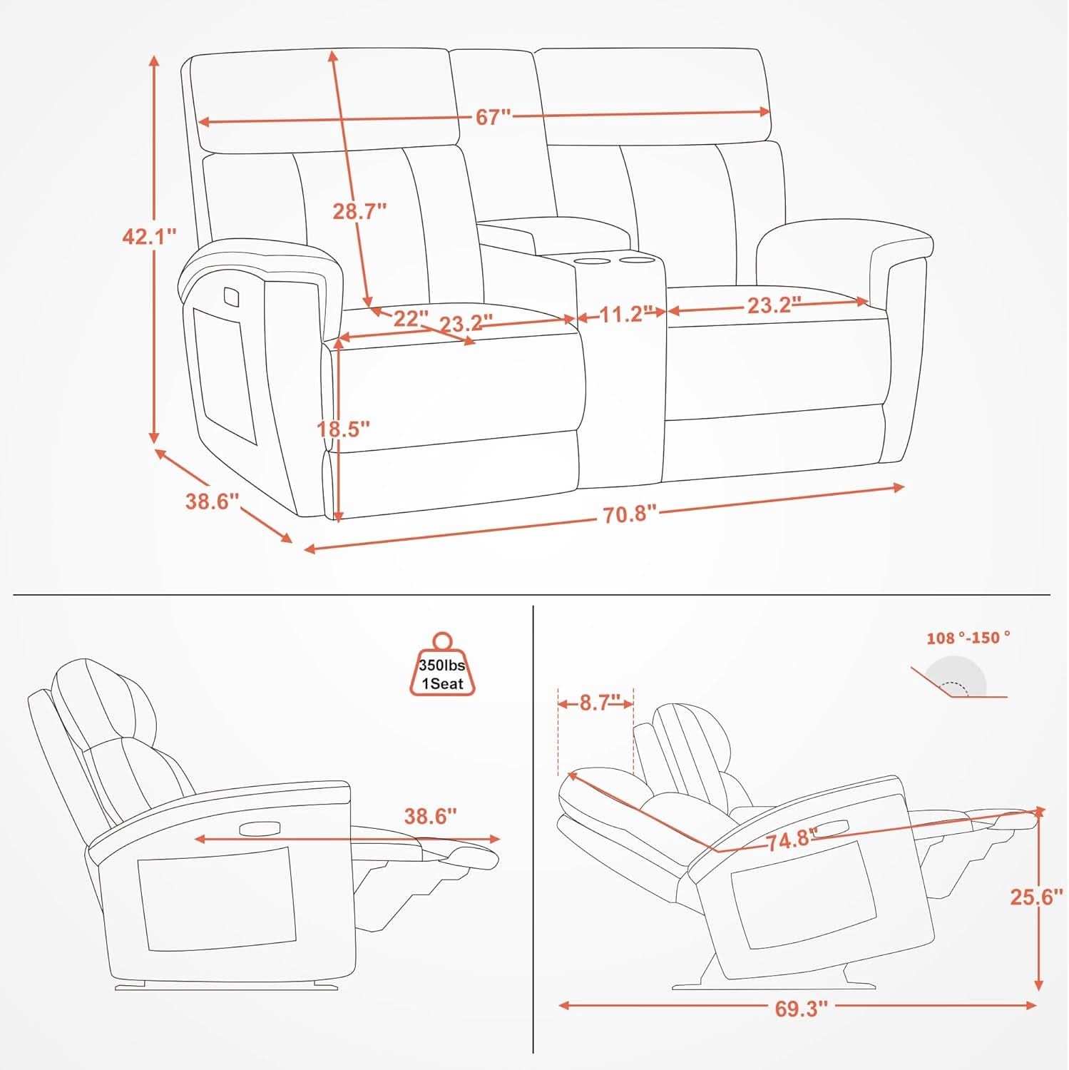 Mocha Power Recliner Loveseat With Massaging For Living Room Comfort-2