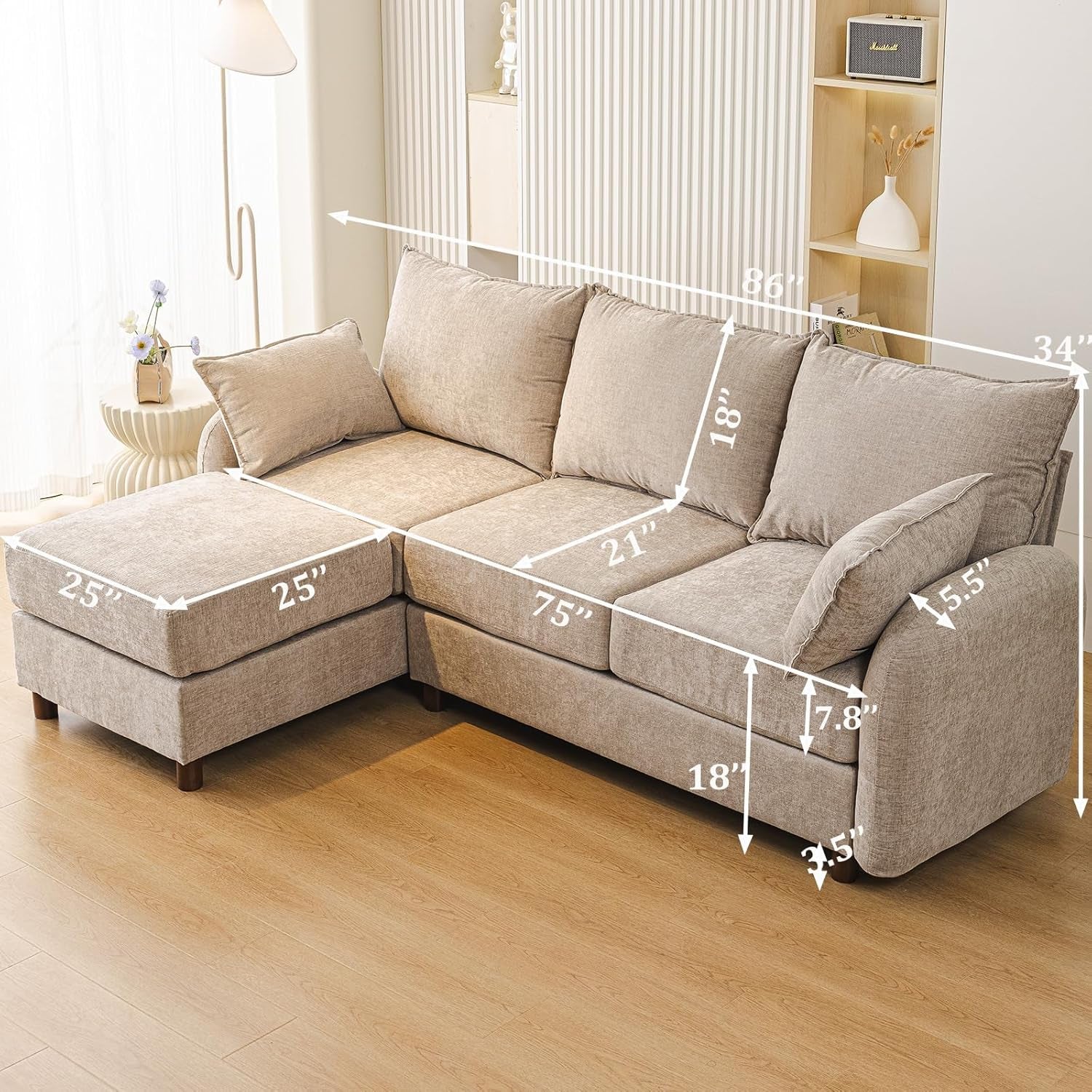 Eighty SixInch Length L Shaped Elegant Sectional Sofa Khaki-1