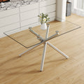 Large Modern Minimalist Rectangular Glass Dining Table with 0.39' Tempered Glass Tabletop and Silver Chrome Metal Legs, for Kitchen Dining Living Meeting Room Banquet hall,63''x35''x 29''W1151S00191