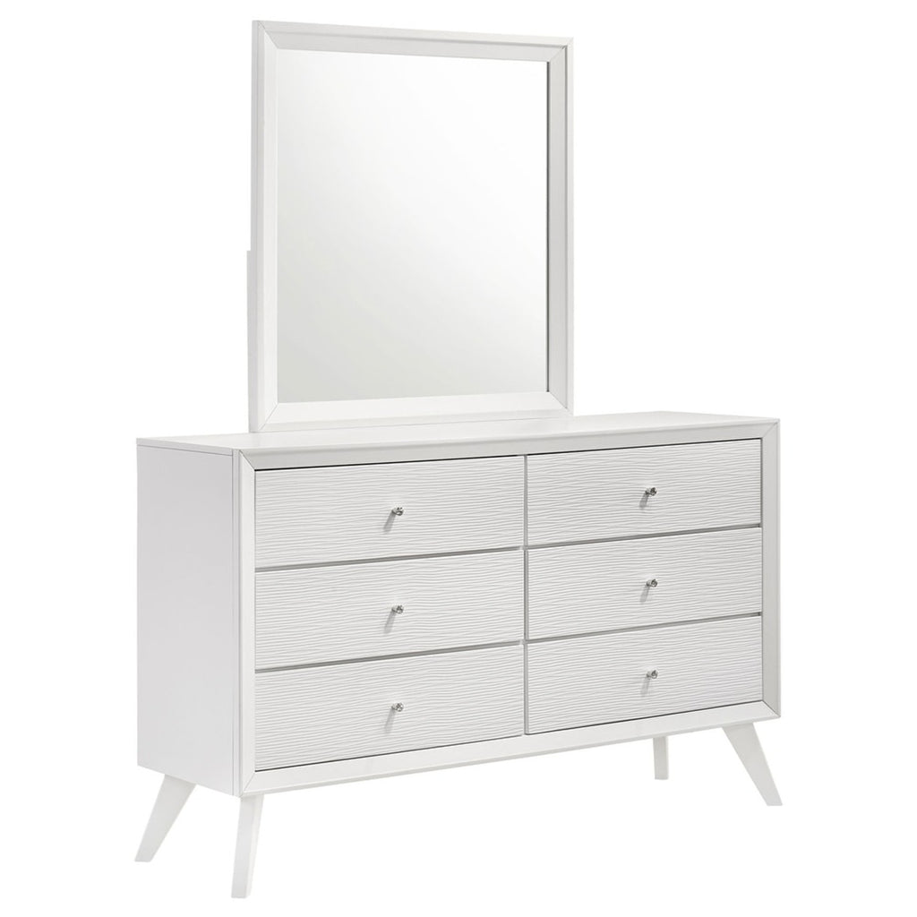Contemporary White Dresser with Mirror, Angled Legs, Round Bronze Knobs, Solid Wood Furniture in White Finish