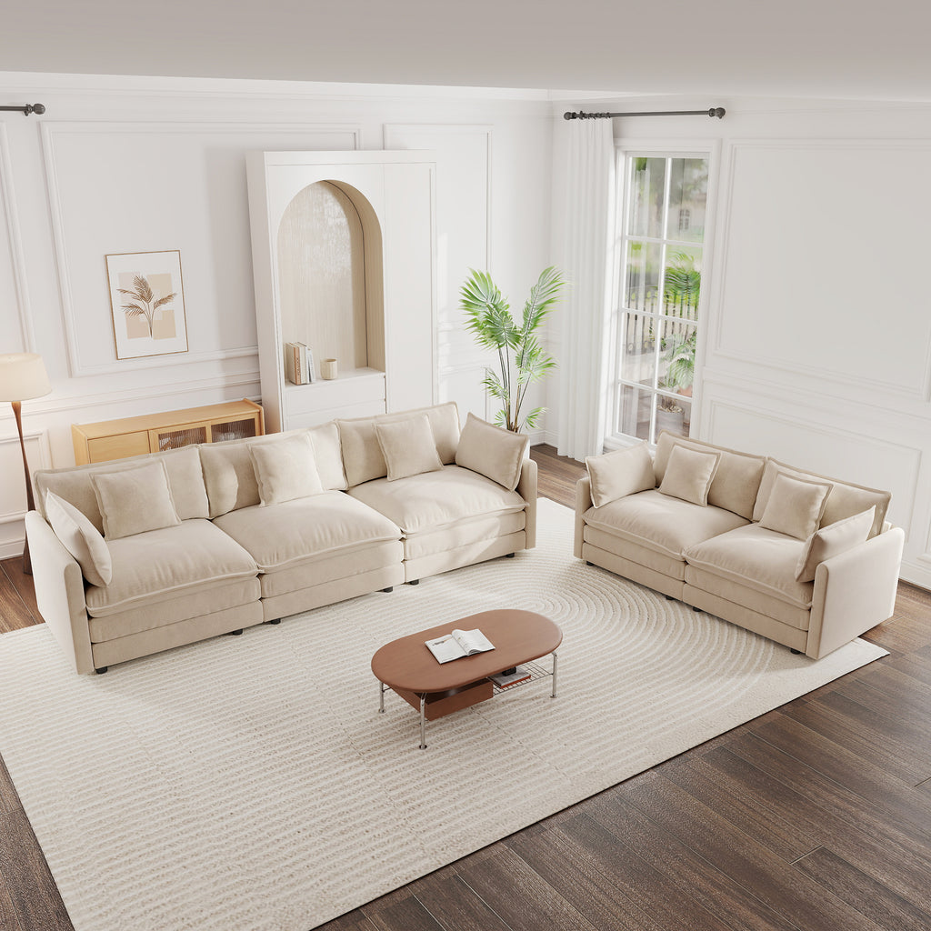 Sofa Set of 2 Chenille Couch, 2+3 Seater Sofa Set Deep Seat Sofa, Modern Sofa Set for Living Room, Light Coffee Chenille