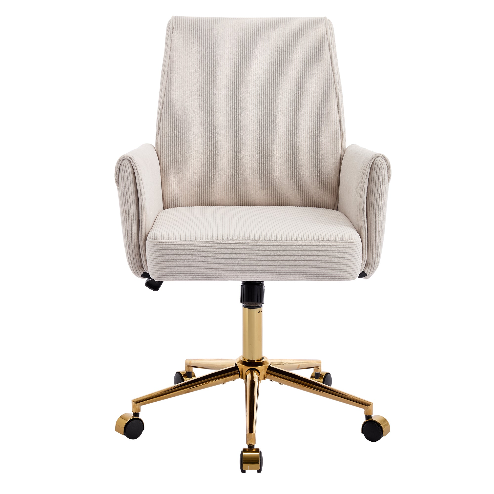 Ergonomic Mid-Back Office Chair with Striped Fabric, White Corduroy, Adjustable Lumbar Support and Gold Base, 25.2 x 24.0 x 39.0 inches