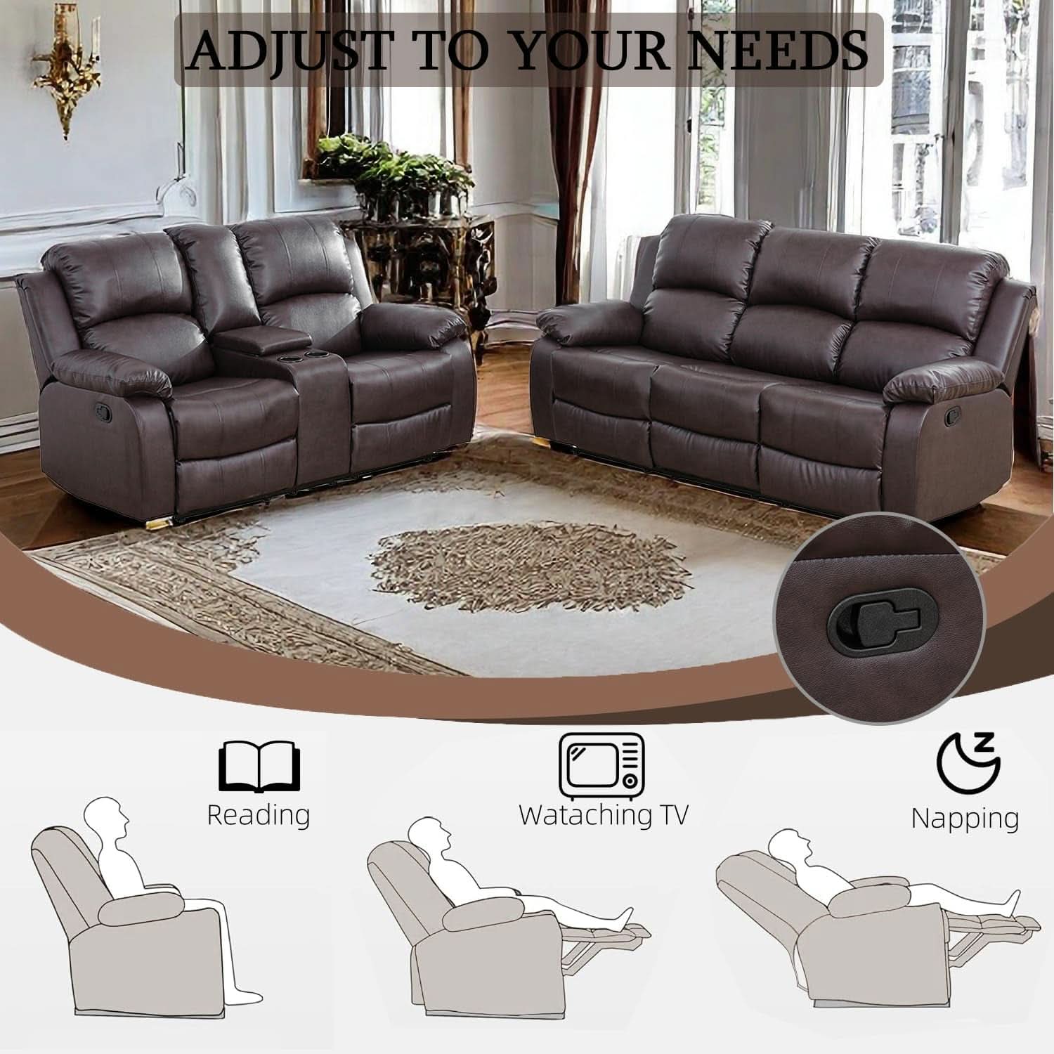 Brown Recliner Sofa With Pull Down Table Two Piece Set-4