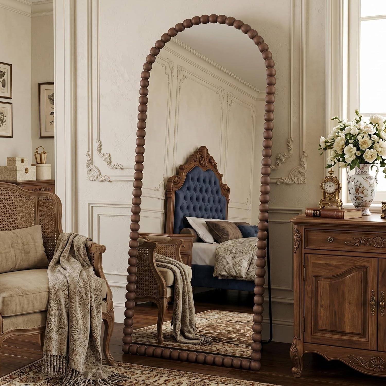 71 Inch Elaborately Arched Floor Mirror Beaded Brown-1