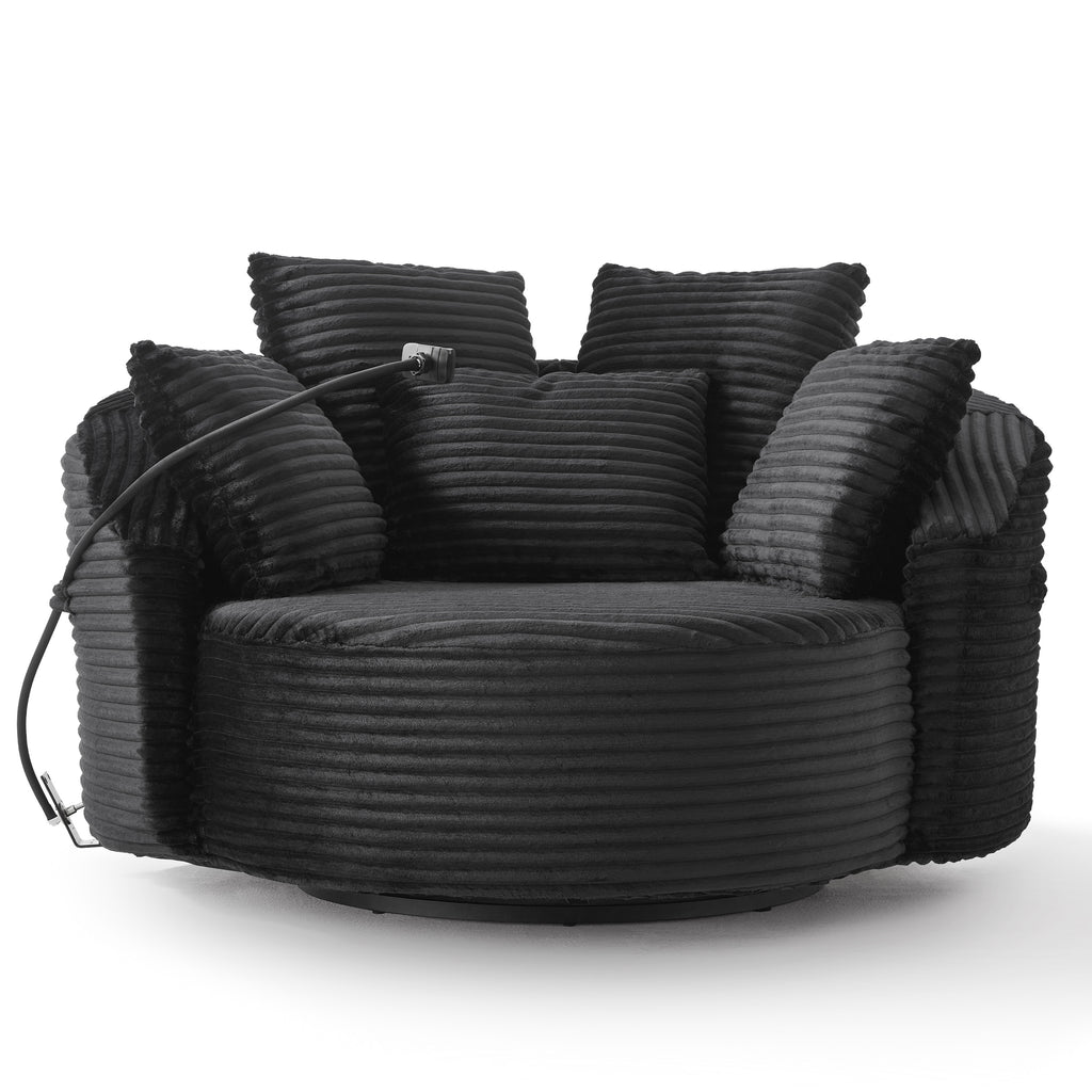 Black Corduroy 360° Swivel Accent Barrel Chair with Adjustable Phone Holder and 5 Pillows for Living Room, Bedroom, Office, Hotel - 55.9' x 55.9' x 26.8'