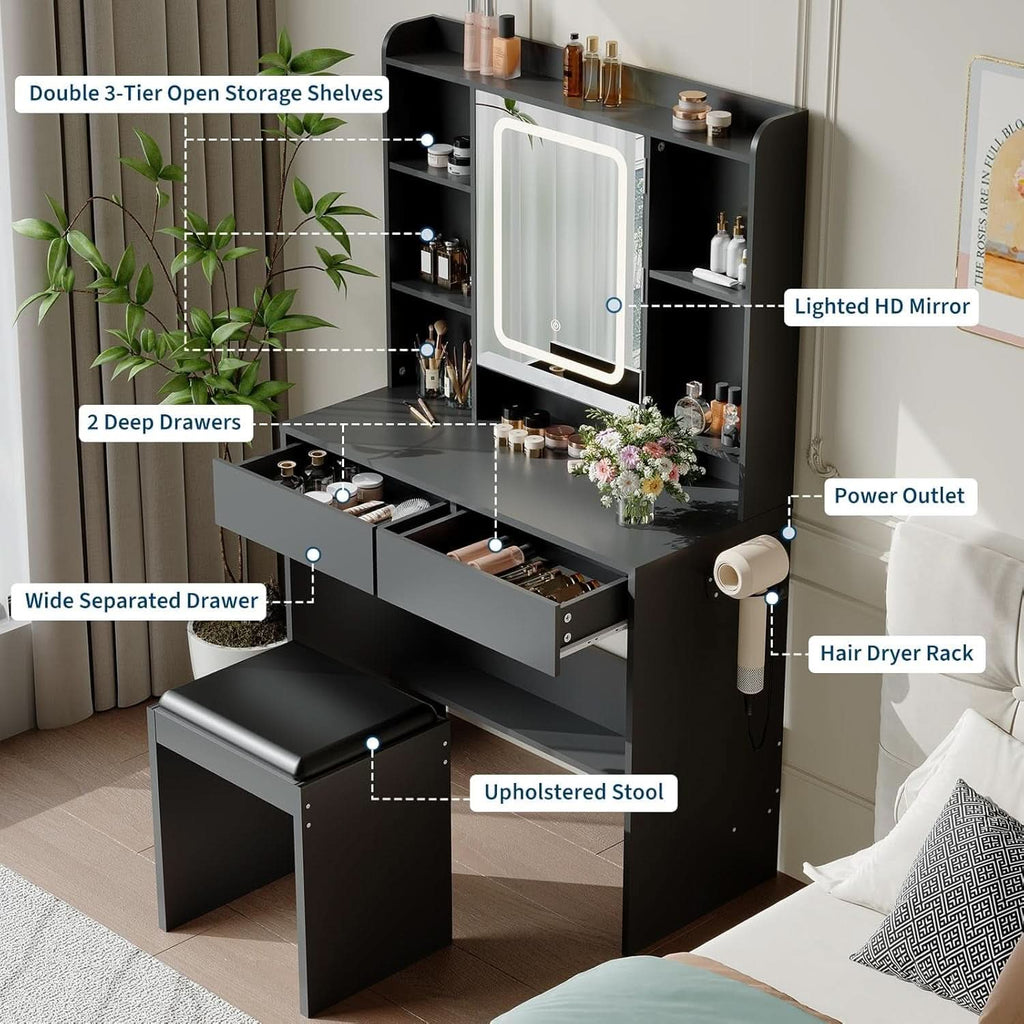 Vanity Desk With 90cm Mirror Three Color LED Lights USB Charging Ports-2