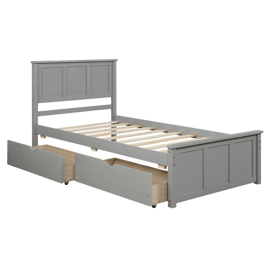 Twin Size Gray Platform Storage Bed with 2 Wheels-Drawers