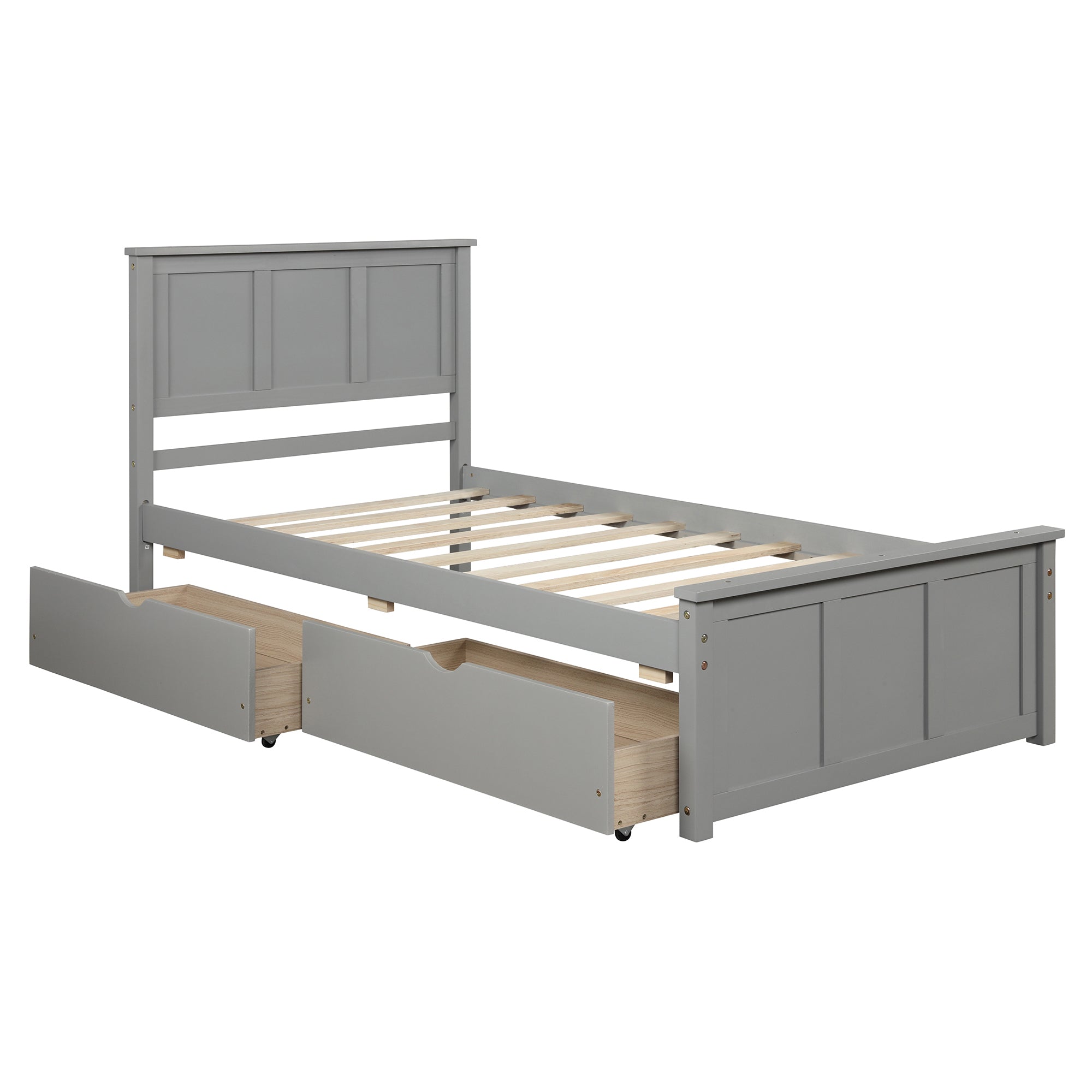 Twin Size Gray Platform Storage Bed with 2 Wheels-Drawers