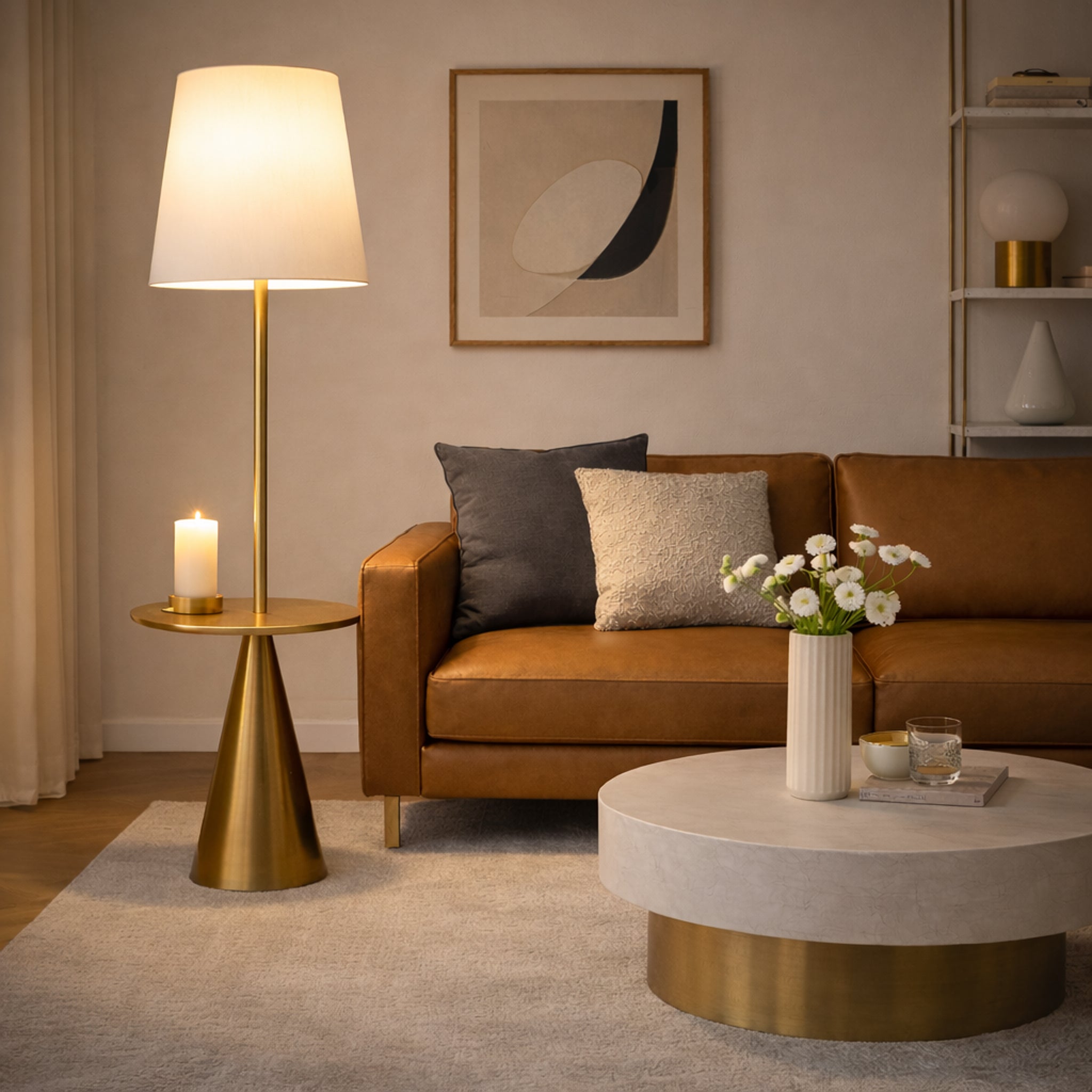 Celestial Modern Floor Lamp with Brass Accent Table with Large White Shade