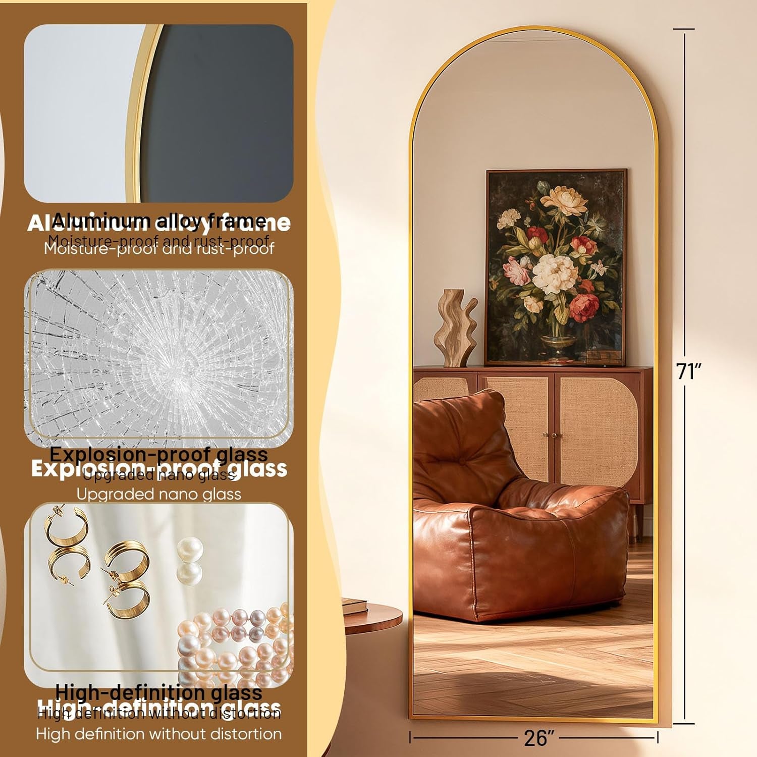 Architectural Full Length Floor Mirror 71x26 Goldtone-3