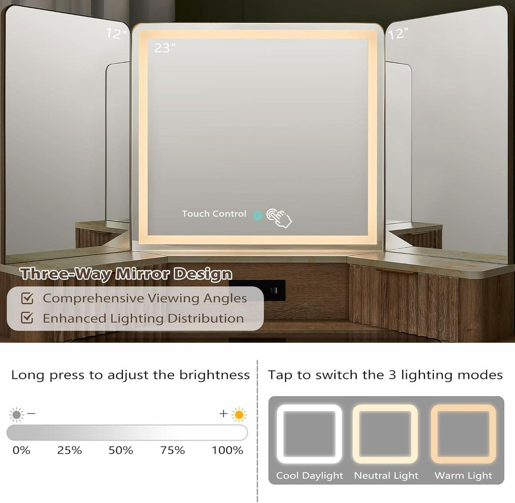 Natural Oak Forty Eight Inch Makeup Vanity Desk Three Way Mirror With Lights-2