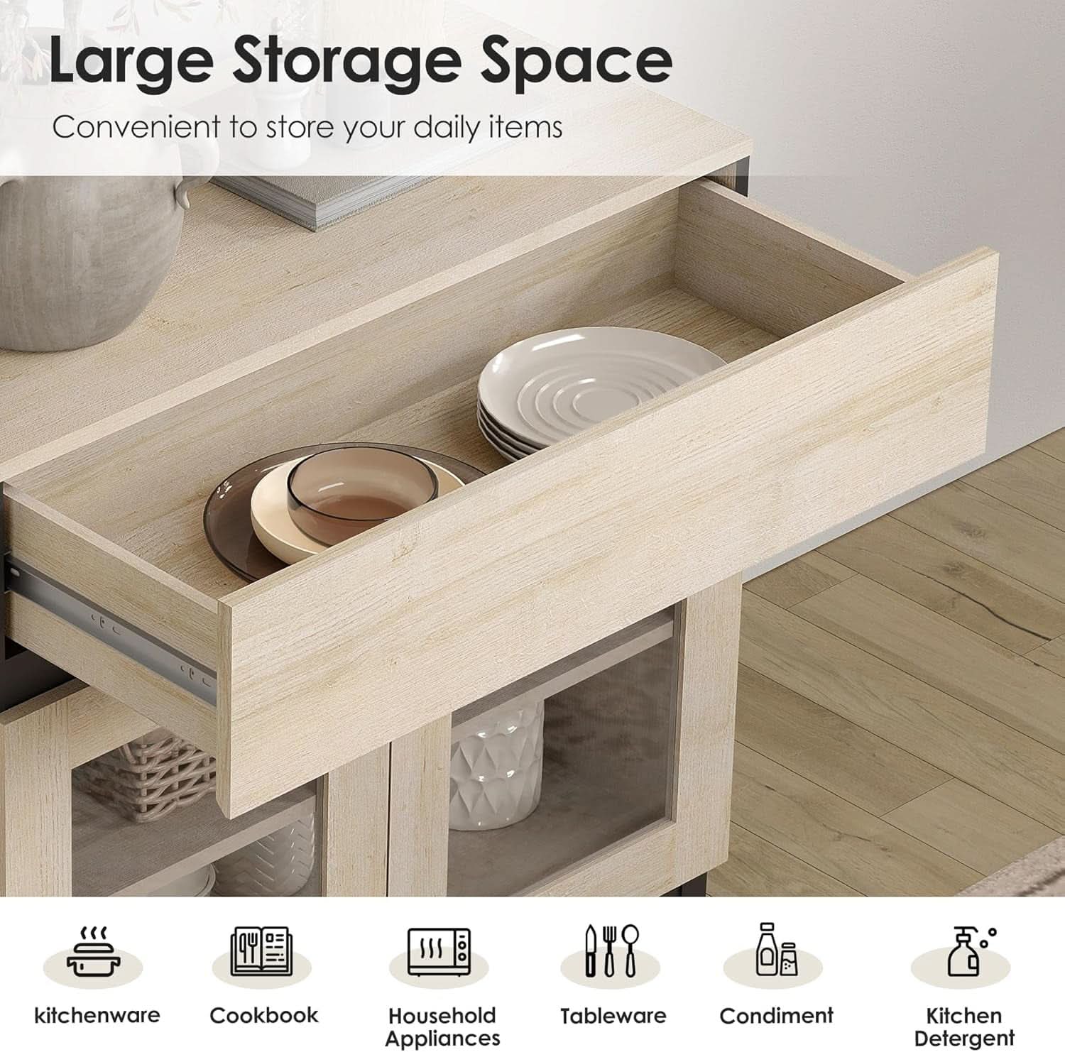 Natural Oak Contemporary Sideboard With Glass Doors-4