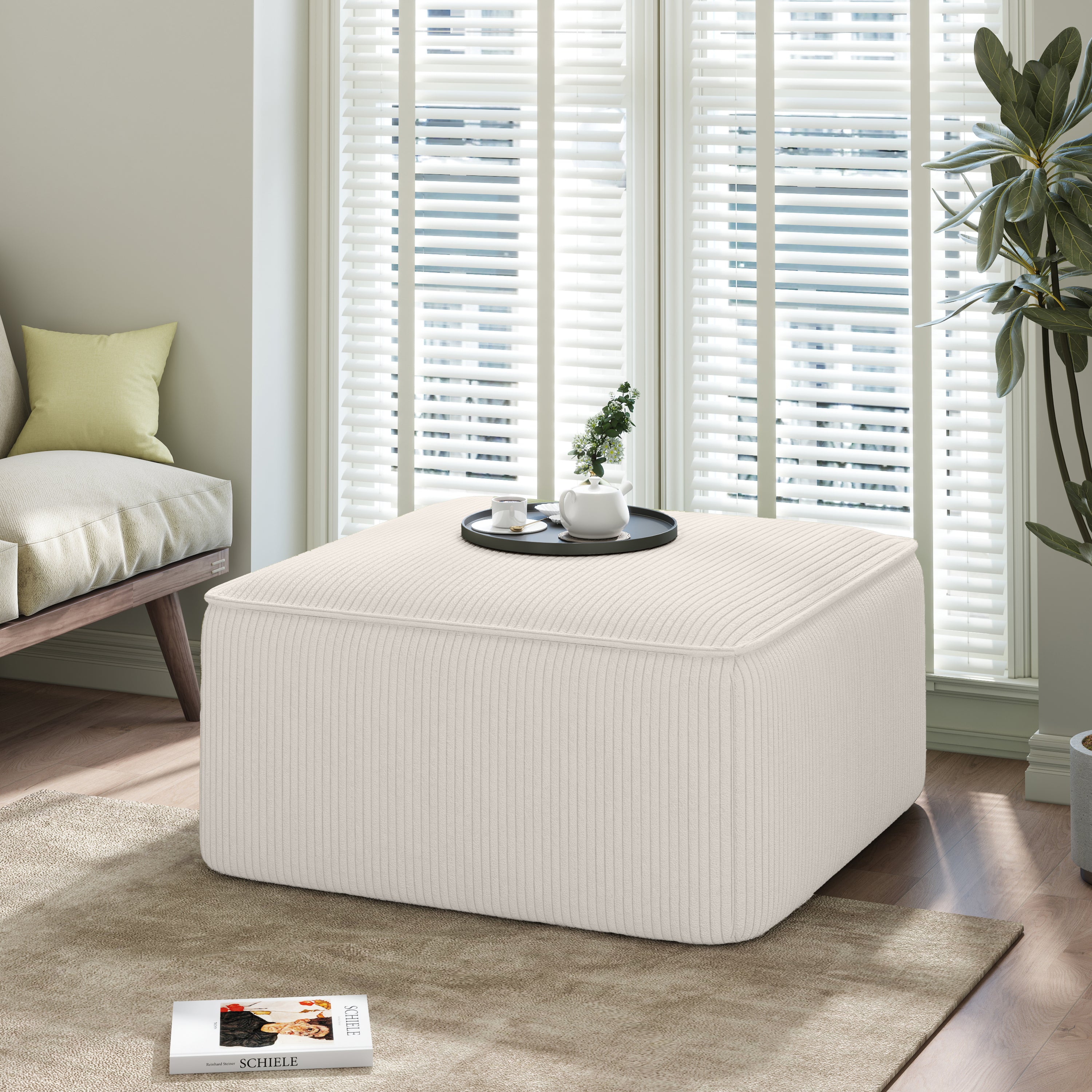 Beige Corduroy Upholstered Square Ottoman