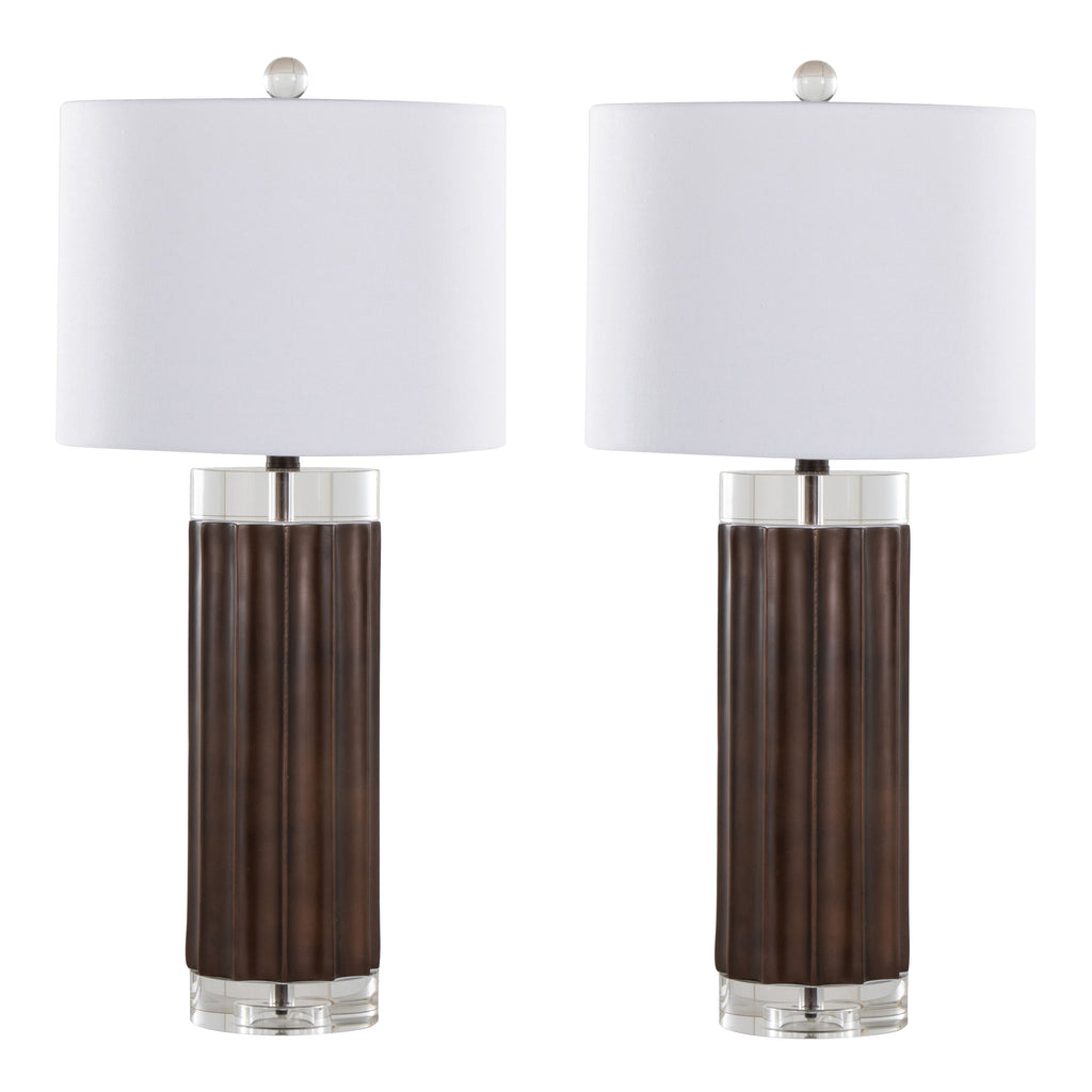 Cylinder Fluted 29.25' Contemporary Polyresin Table Lamp in Brown Lustre Polyresin, Clear K9 Crystal and White Linen Shade from Grandview Gallery  - Set of 2