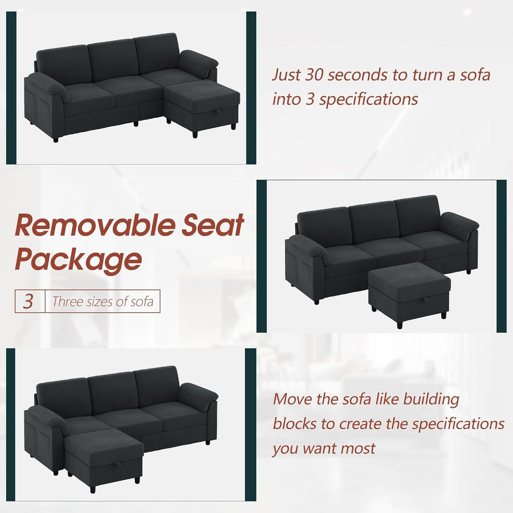 79 Inch Corduroy Upholstered Sectional Sofa Charcoal-4