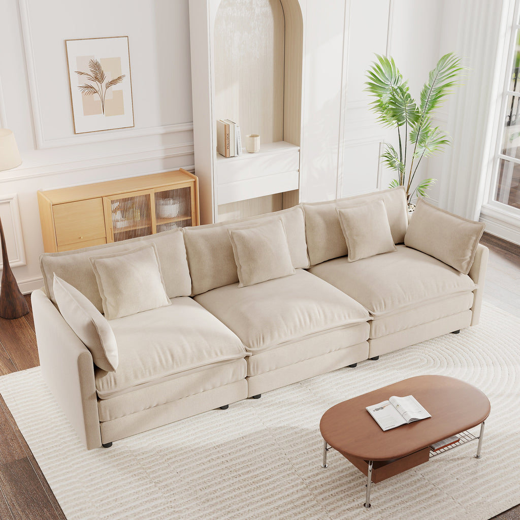 Mid-Century Modern Couch 3-Seater Sofa with 2 Armrest Pillows and 3 Toss Pillows, Couch for Living Room Light Coffee Chenille