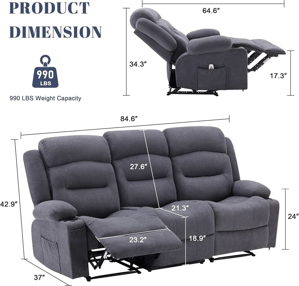 Oversized Heated Massage Recliner Sofa Slate Fabric-1