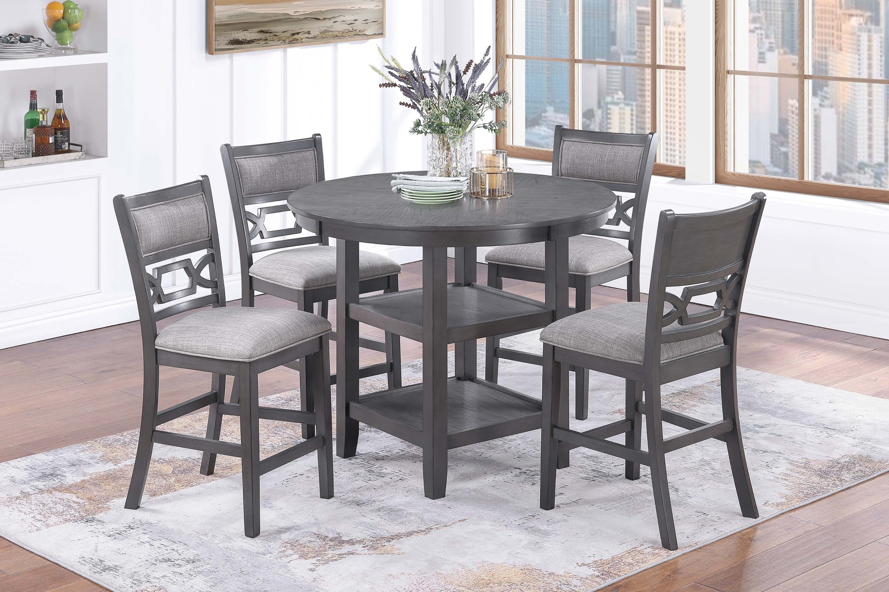 Gray Color 5pc Counter Height Dining Set Round Table w Shelves 4x High Chairs Modern Contemporary Dining Room Furniture