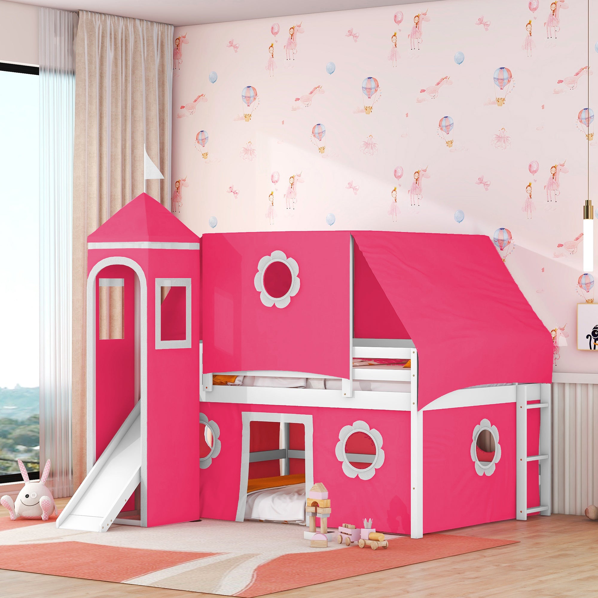 Full Size Loft Bed with Slide Pink Tent and Tower