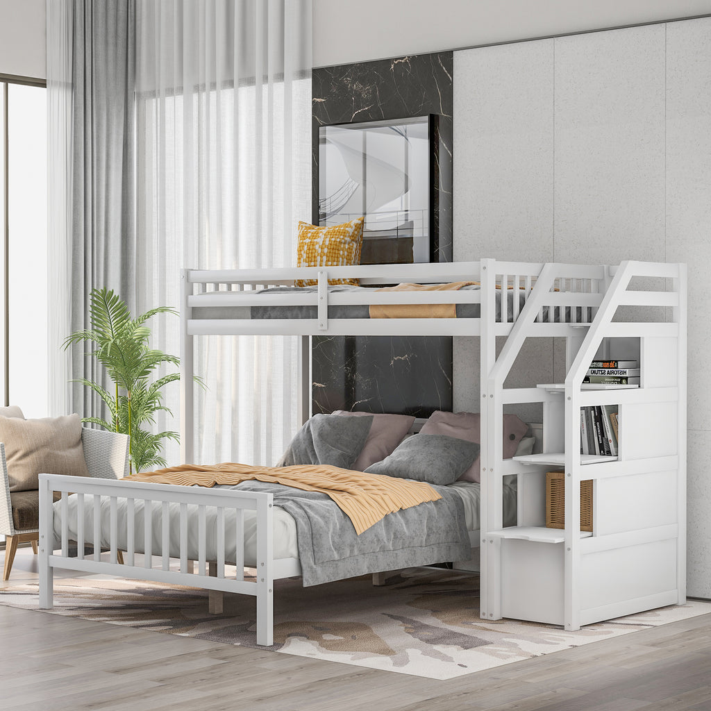 White Twin over Full Loft Bed with Staircase and Storage, Pine Wood + MDF, 97.2''L x 78.4''W x 61.4''H