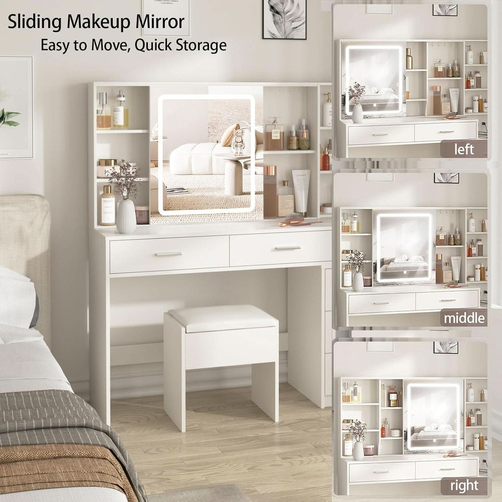 White Vanity Desk With Illuminated Mirror USB Charging Port-3
