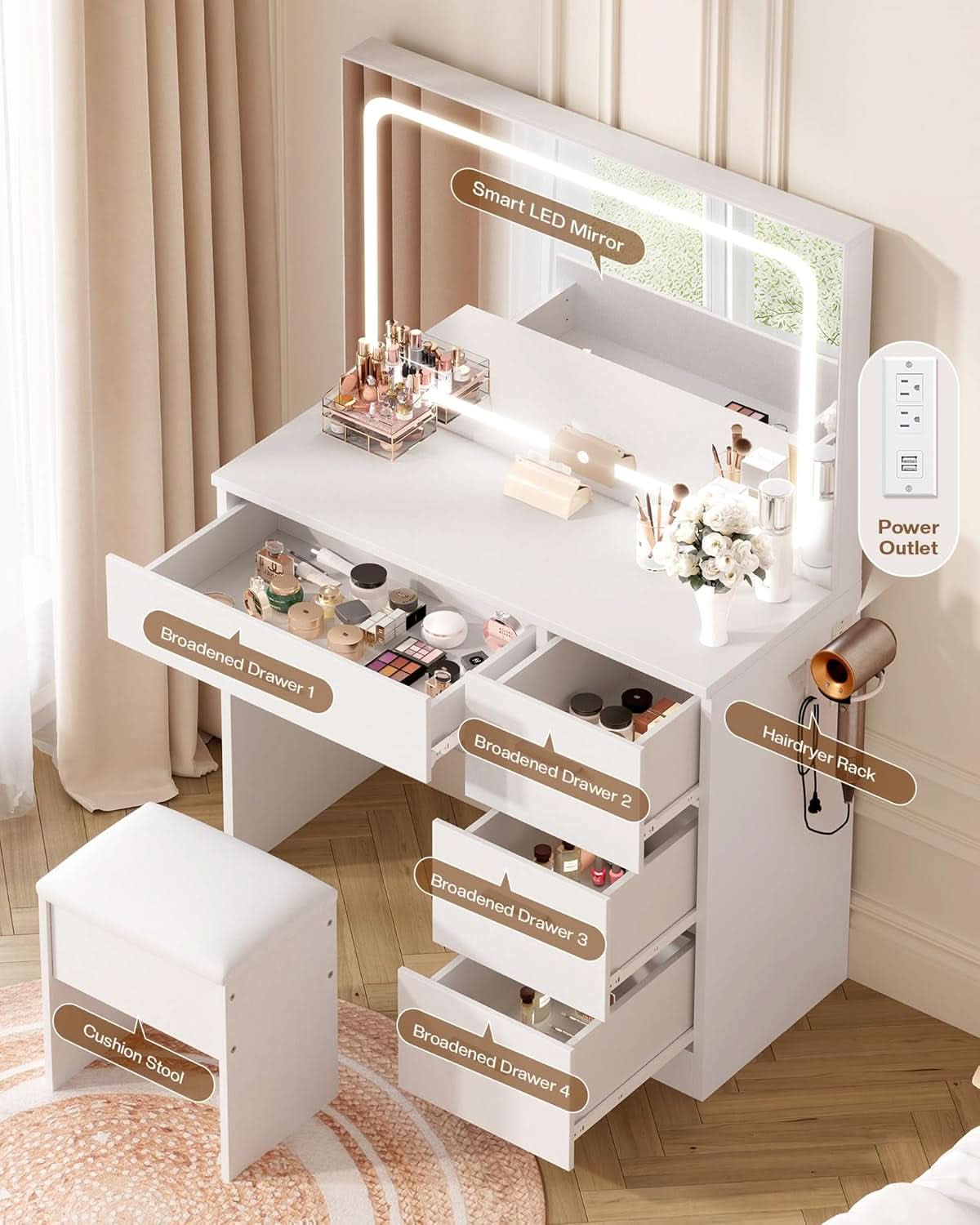 White Makeup Vanity Desk With Illuminated Mirror Pro-3
