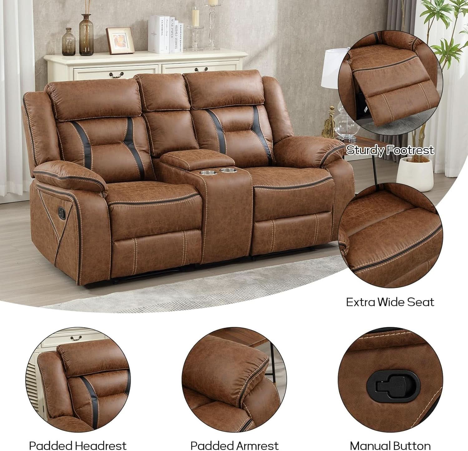Brown Faux Leather Loveseat Dual Recliners Center Console-2