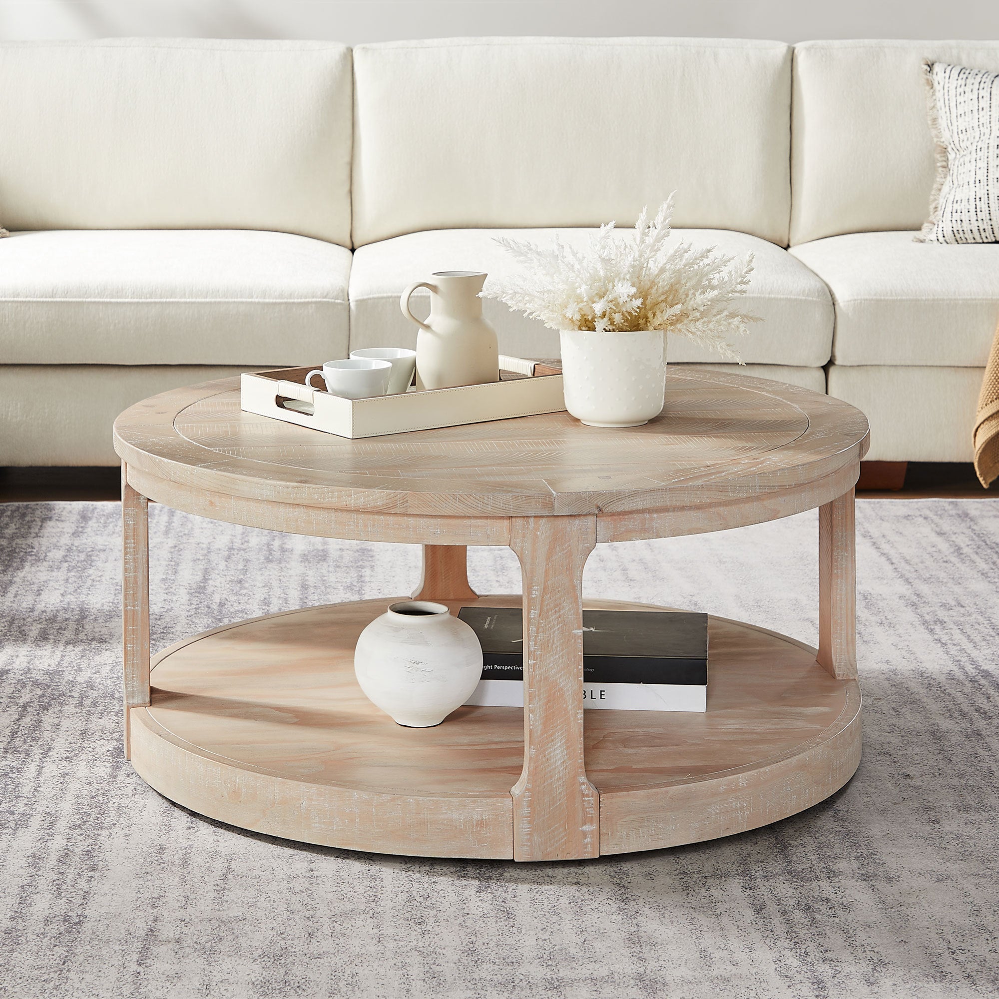 40inch Large Curved 2 Tier Traditional Round Circle Wooden Center Coffee Table,Rounded Table with Wheels,Mid Century Rustic Style Table for living Room,Office,Apartment,OAK