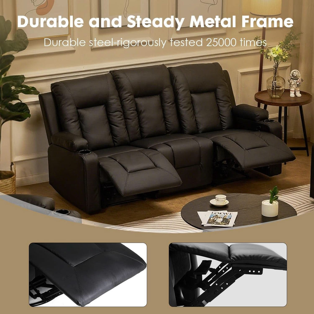 Black Leather Upholstered Manual Recliner Sofa Set-4