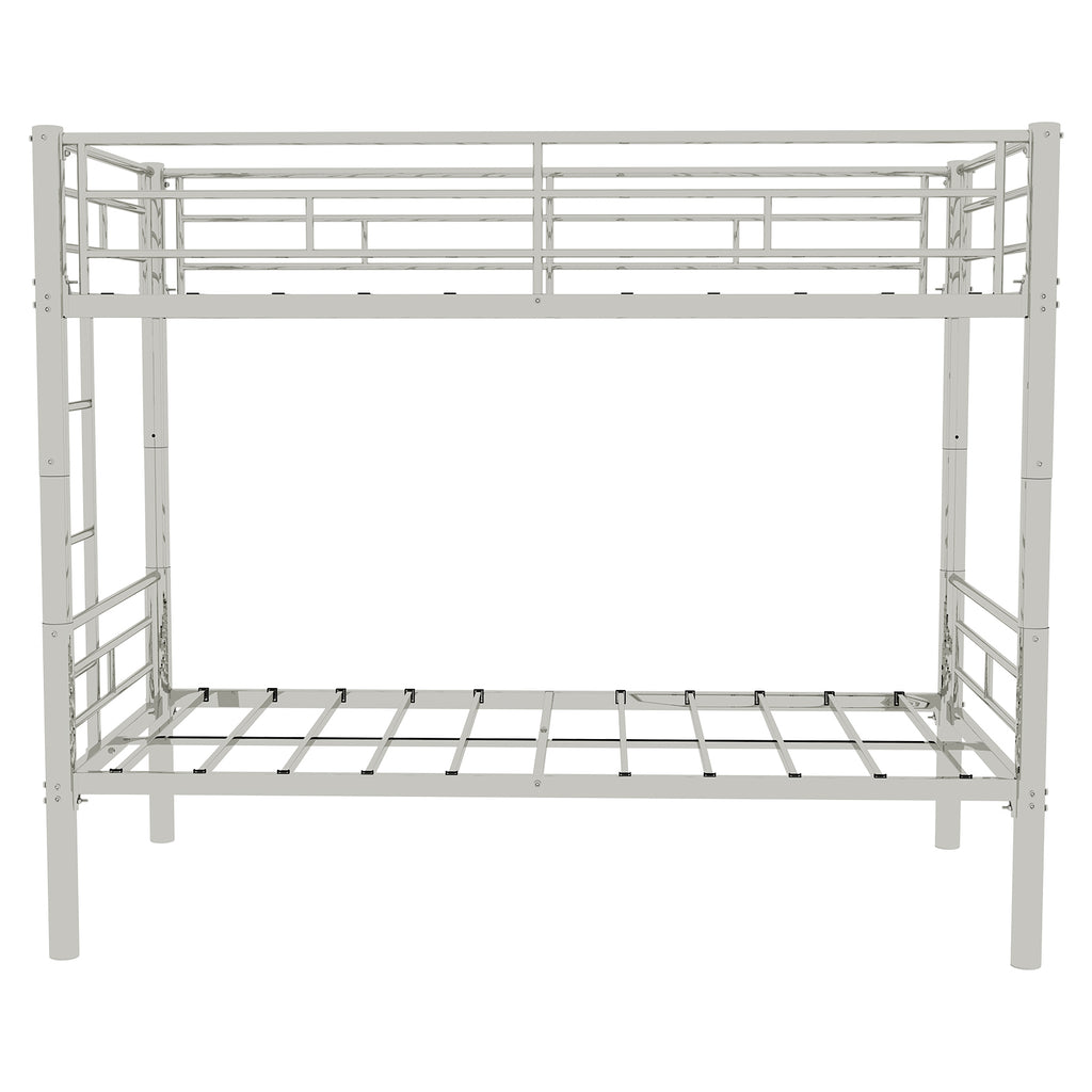 Twin Over Twin Metal Bunk Bed for Kids Boys Girls, Convertible Bedframe with Ladders & Guardrail, Silver Metal Structure
