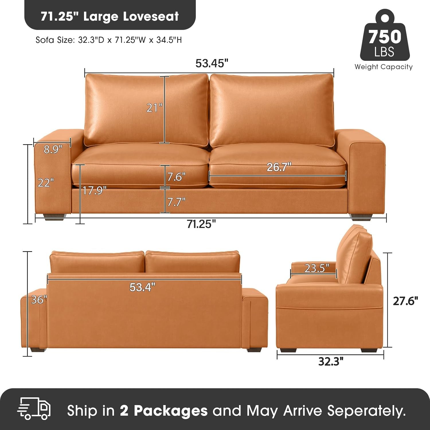 Faux Leather Loveseat Sofa 71Inch Brown Solid Wooden Frame-1